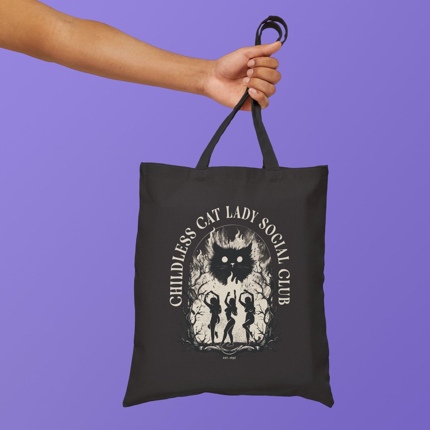 Childless Cat Lady Social Club, Black Cotton Canvas Tote Bag / witchy vibes, cat lady humor, halloween bag, trick-or-treat
